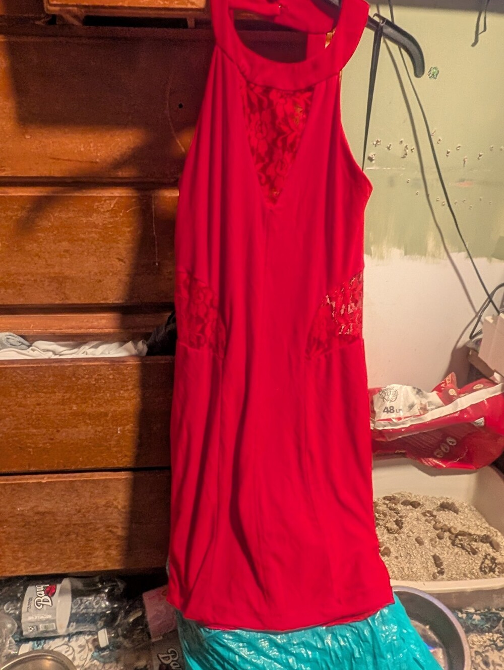 Vtg Fredericks of Hollywood Red Lace Halter Dress Large Bodycon Maxi Cowl Back
